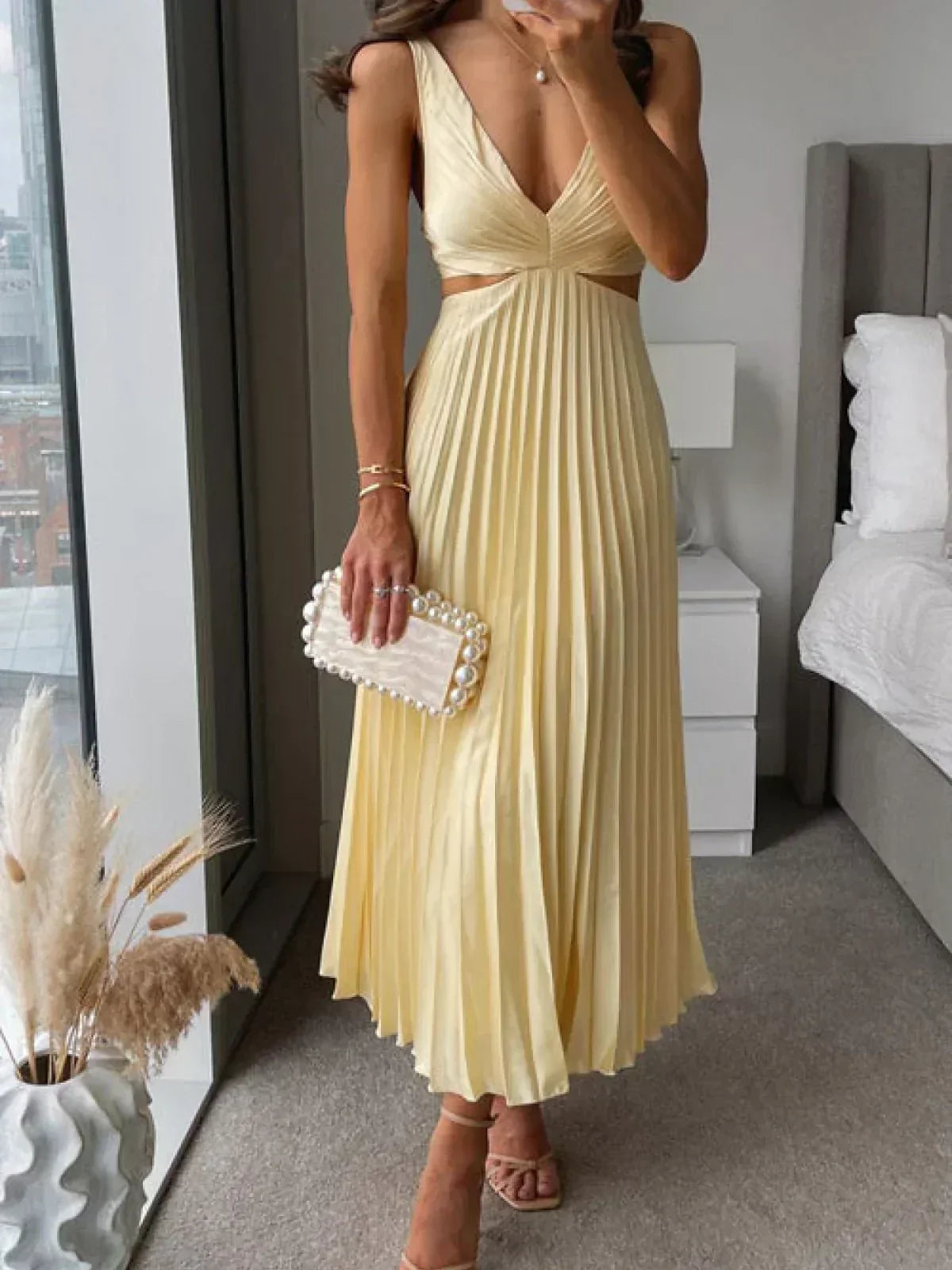 Satin Deep V-Neck Cut Out Ruched Pleated Midi Dress