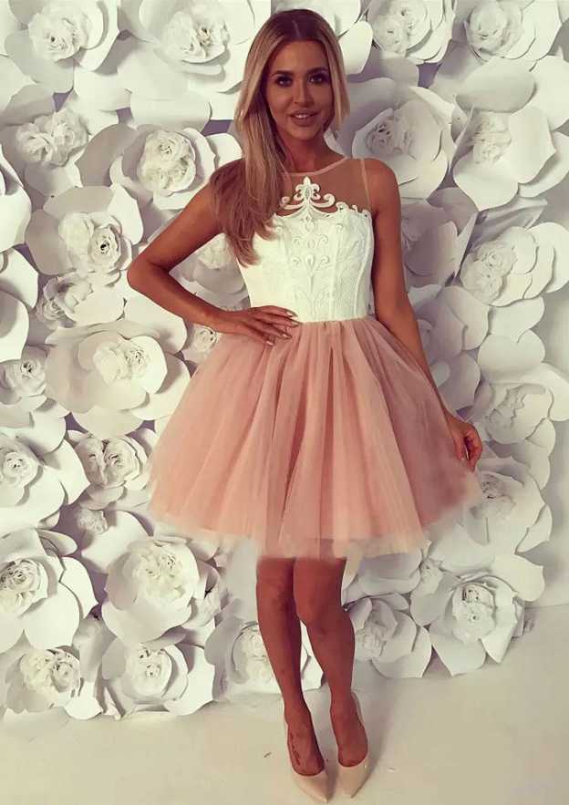 Lace Bateau Tulle Homecoming Dress Ball Gown - Short - Fashionpara