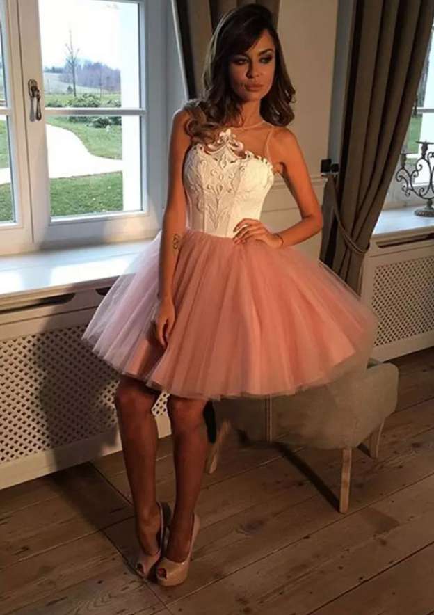 Lace Bateau Tulle Homecoming Dress Ball Gown - Short - Fashionpara