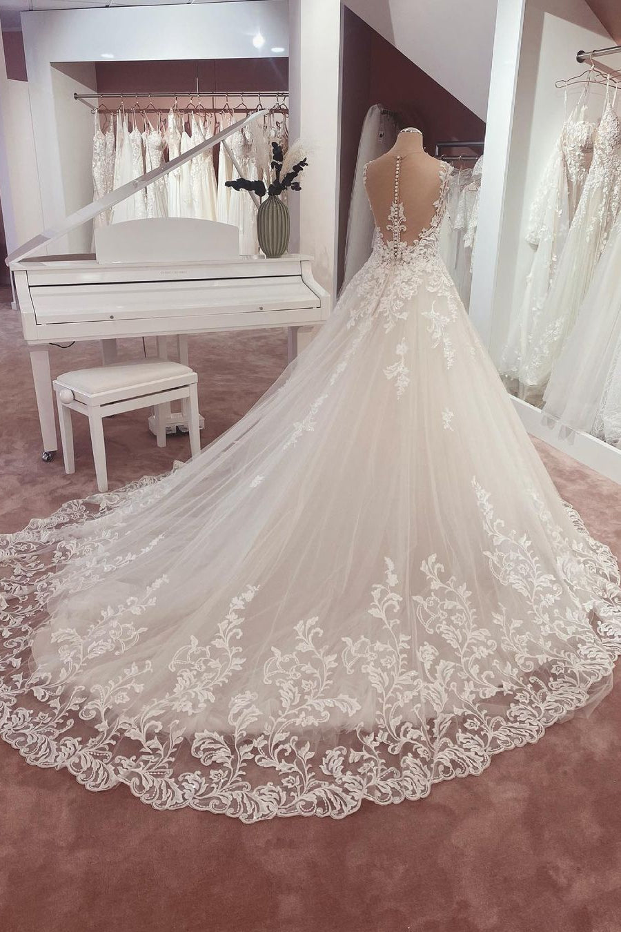 Lace Cap Sleeve Wedding Dress Princess Bridal Gown - Fashionpara