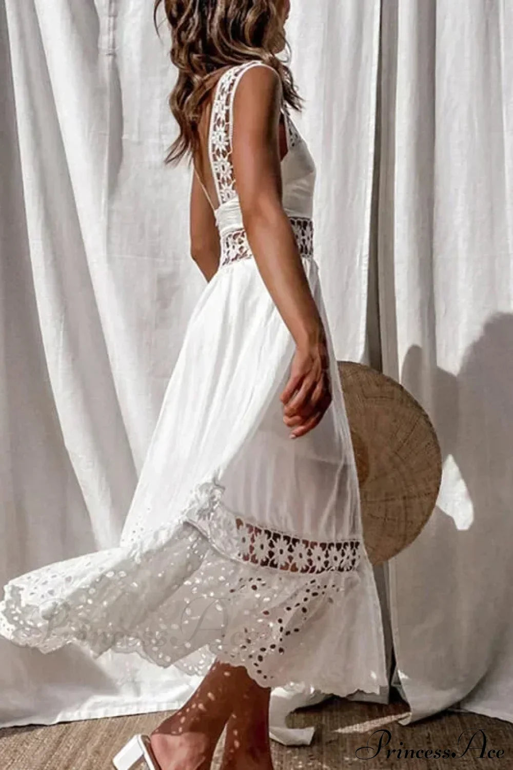 Lace Cotton Sleeveless White Hollow Out Maxi Boho Sundress