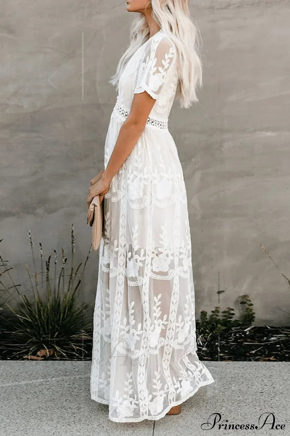 Lace Maxi Dress Vintage White Deep V-neck Summer Dress