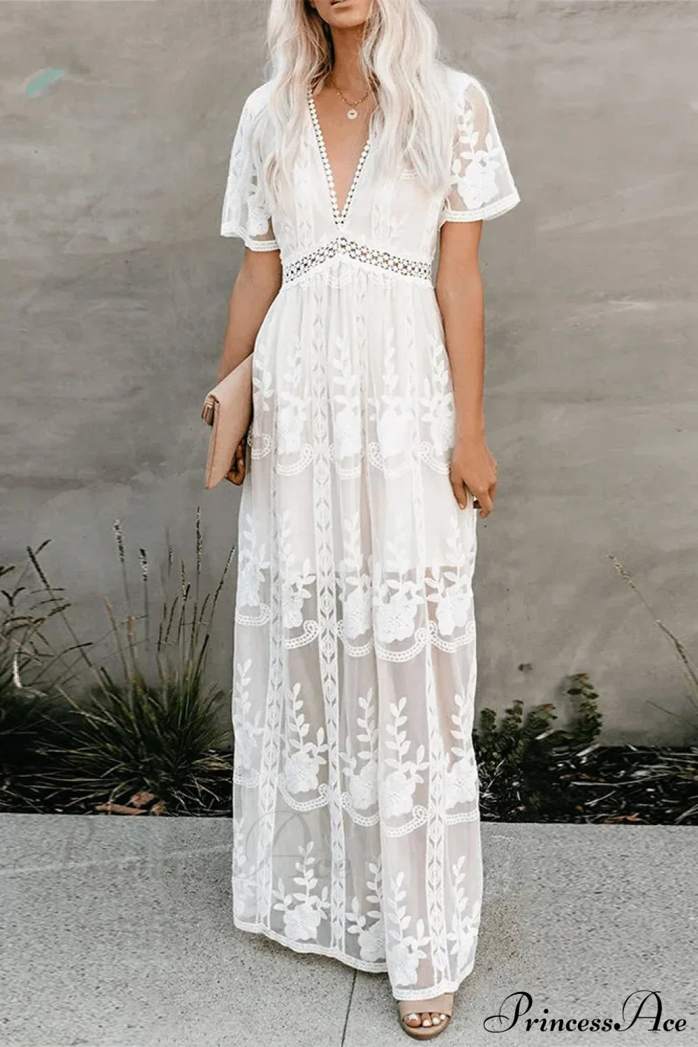 Lace Maxi Dress Vintage White Deep V-neck Summer Dress