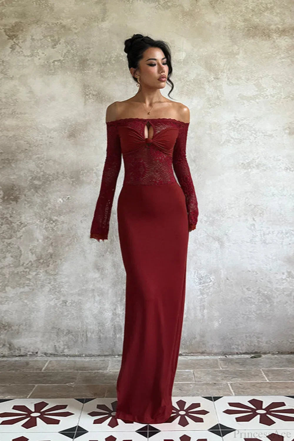Off Shoulder Lace Long Sleeve Twist Front Bodycon Gown 2
