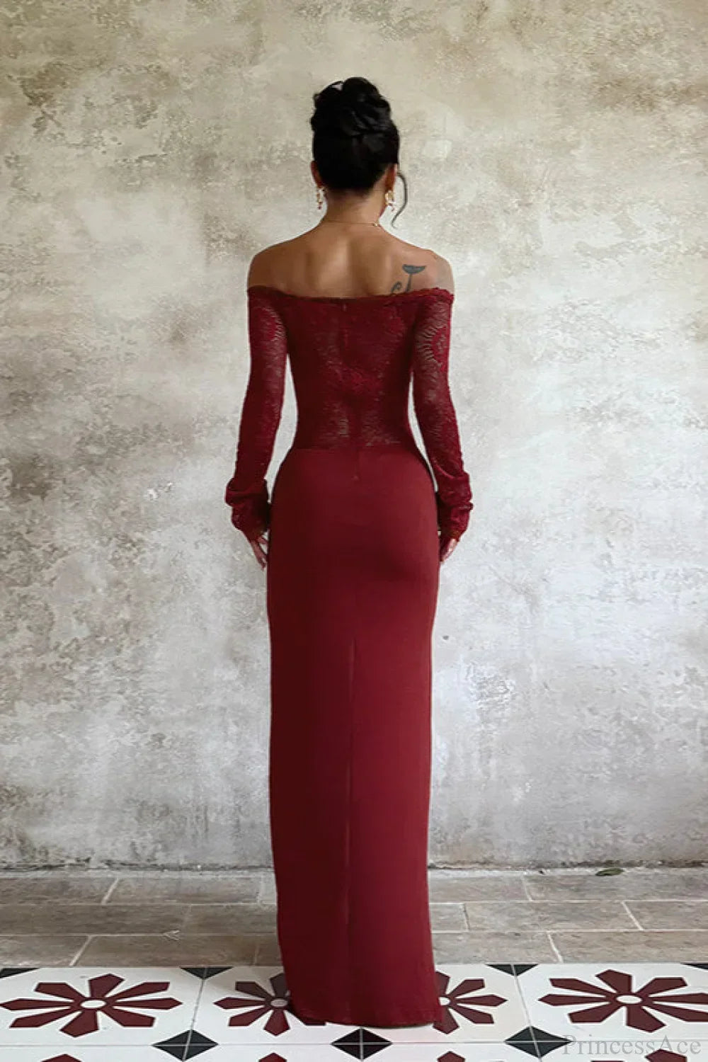 Off Shoulder Lace Long Sleeve Twist Front Bodycon Gown 3