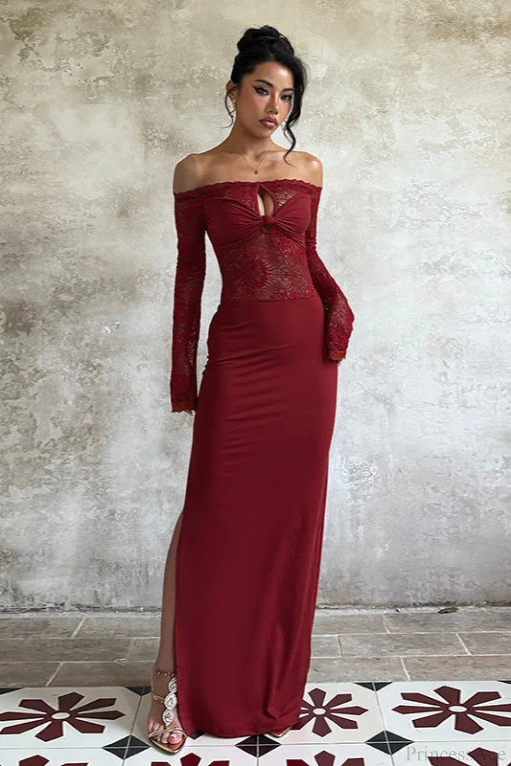 Off Shoulder Lace Long Sleeve Twist Front Bodycon Gown