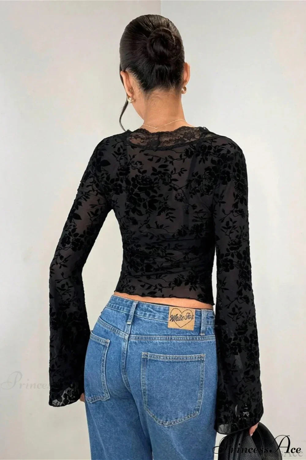 Lace Panel Leopard Slim Flared Sleeve Long Sleeve Tee