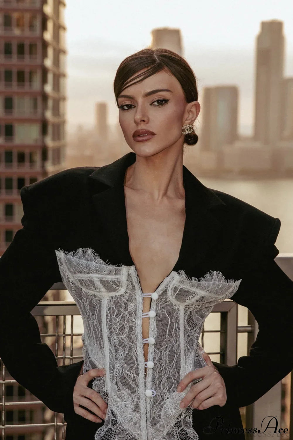 Lace Panel Sexy Fitted Shoulder Blazer