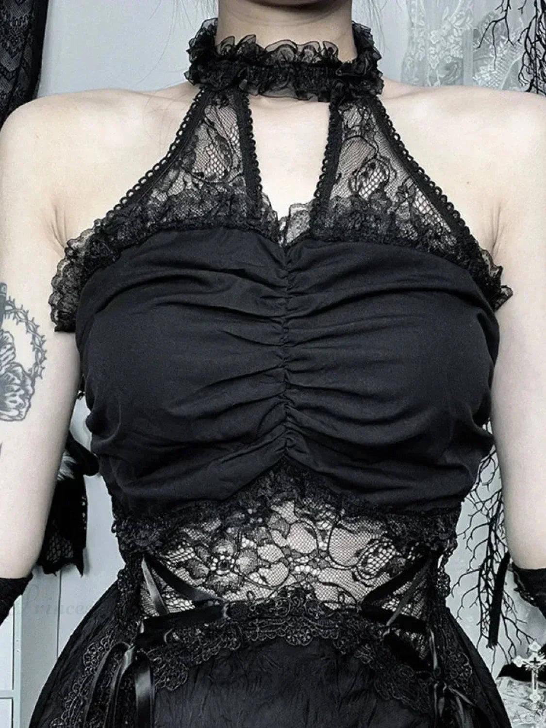 Lace Patchwork Halter Sleeveless Mini Dress in Black - View 2