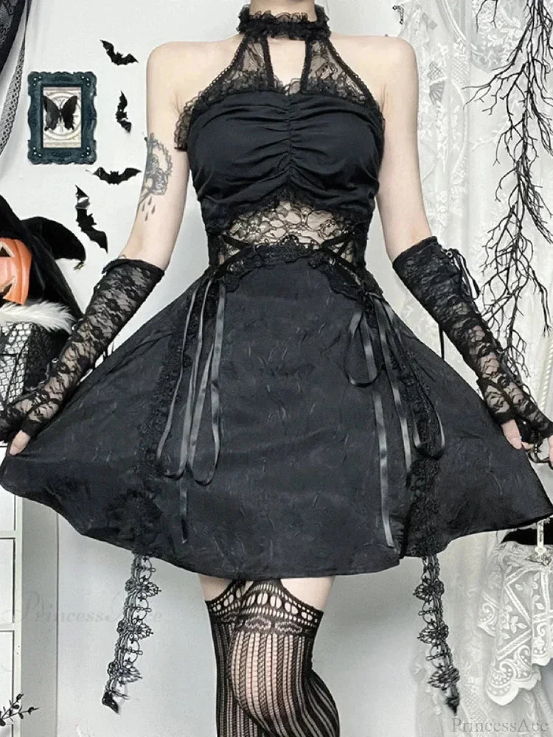 Lace Patchwork Halter Sleeveless Mini Dress in Black
