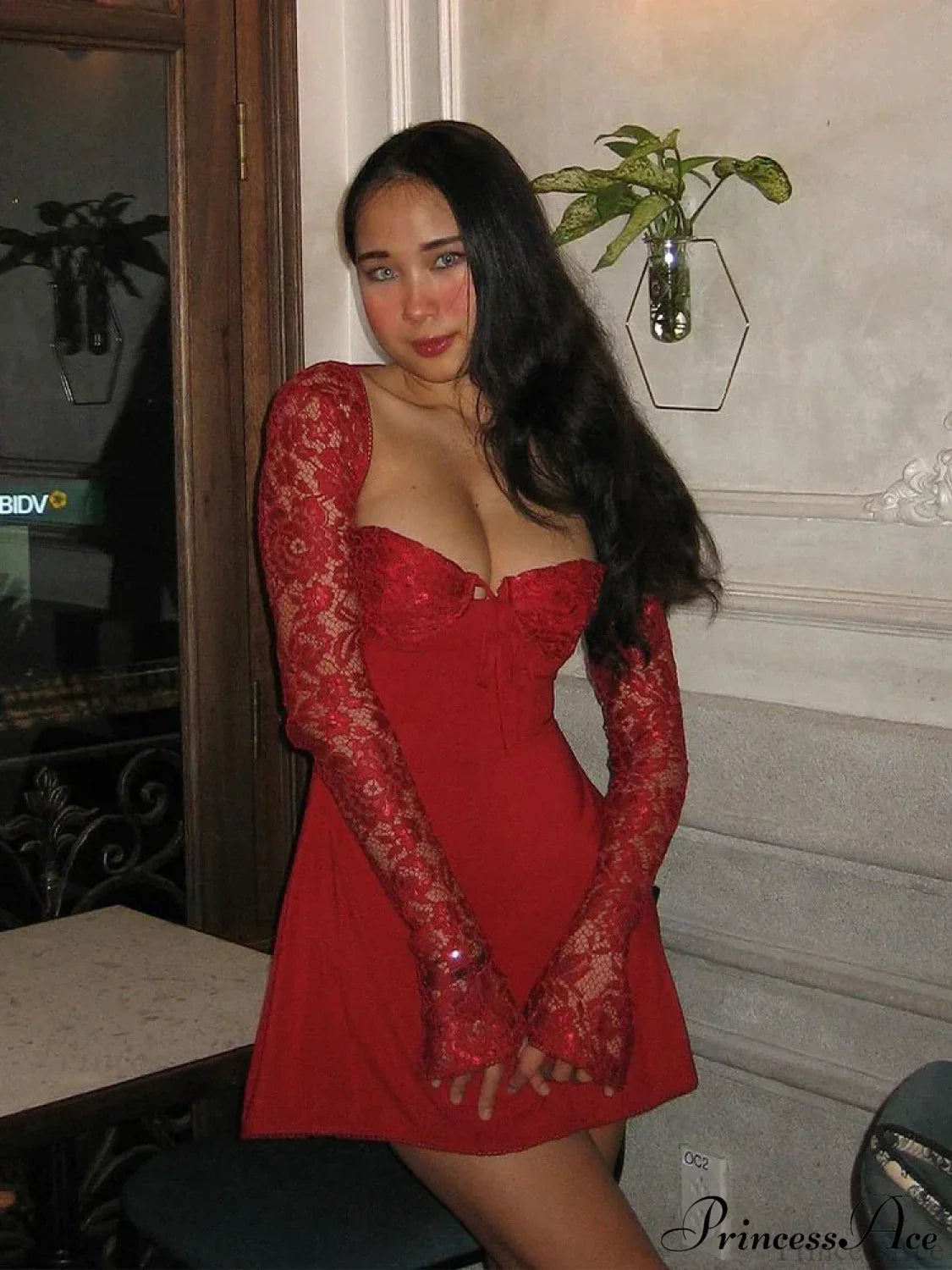 Lace Patchwork Long Sleeve Mini Dress Red / S minidress-250223