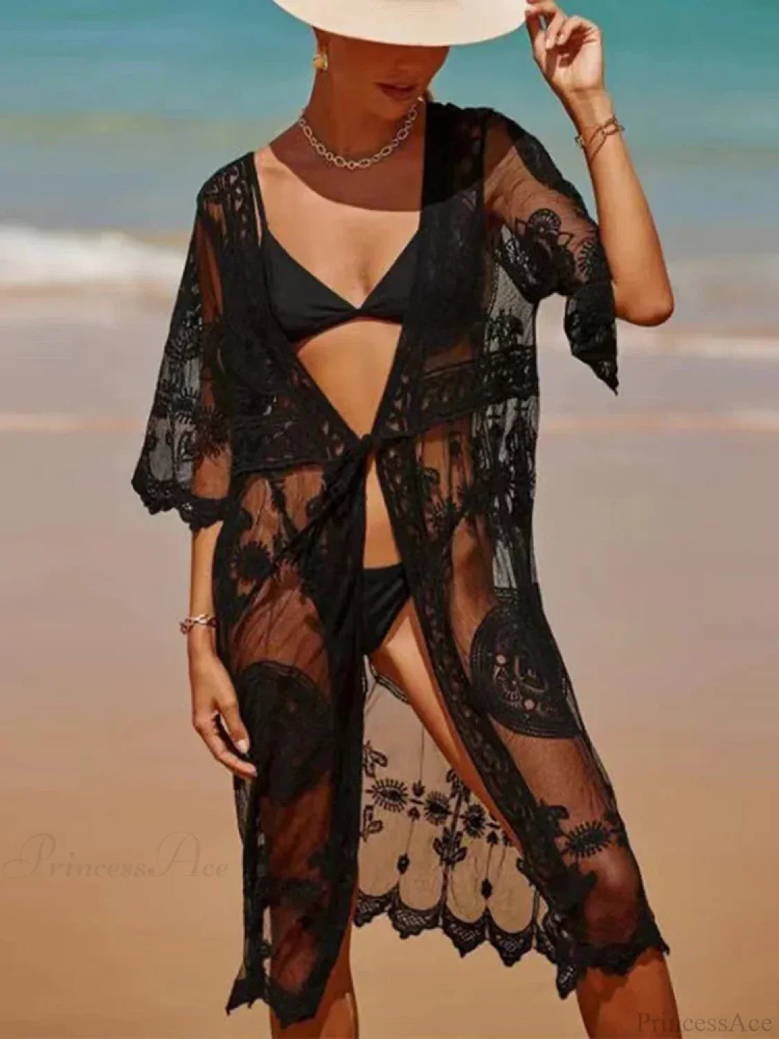 Lace See Through Embroidery Bikini Cover Up color2 / One Size