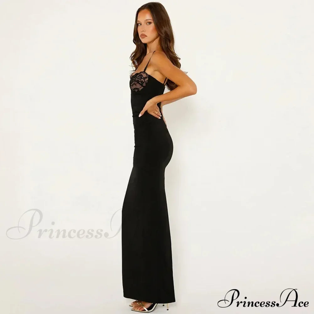 Lace Trim Backless Maxi Party Dress