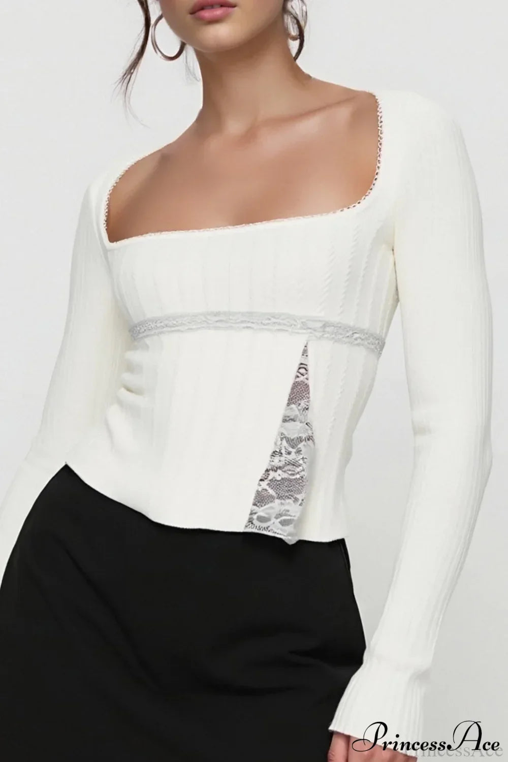 Lace Trim Fitted Cropped Long-Sleeve Knit Top 9