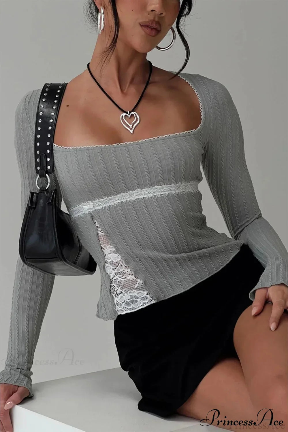 Lace Trim Fitted Cropped Long-Sleeve Knit Top 2
