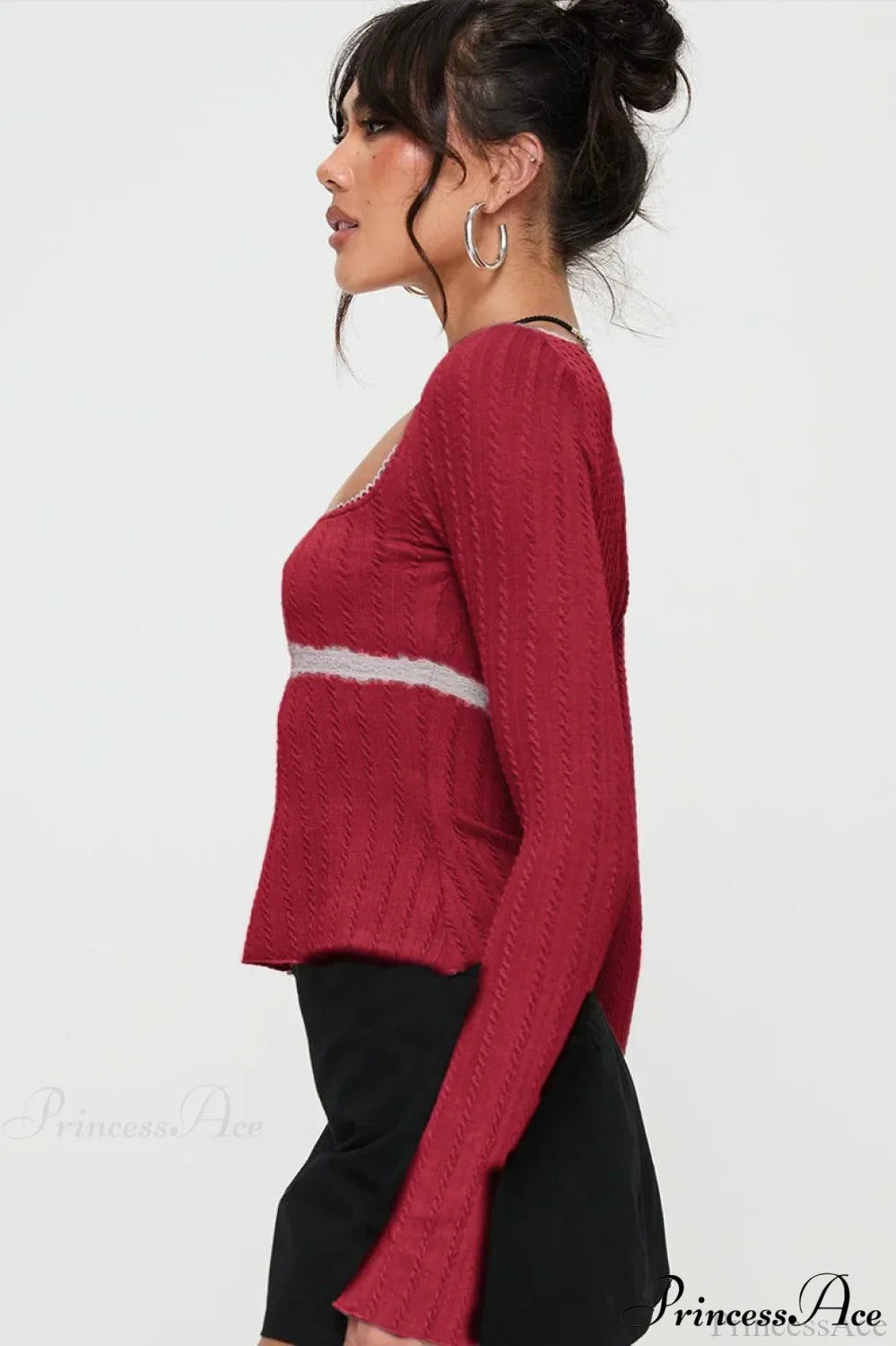 Lace Trim Fitted Cropped Long-Sleeve Knit Top 7