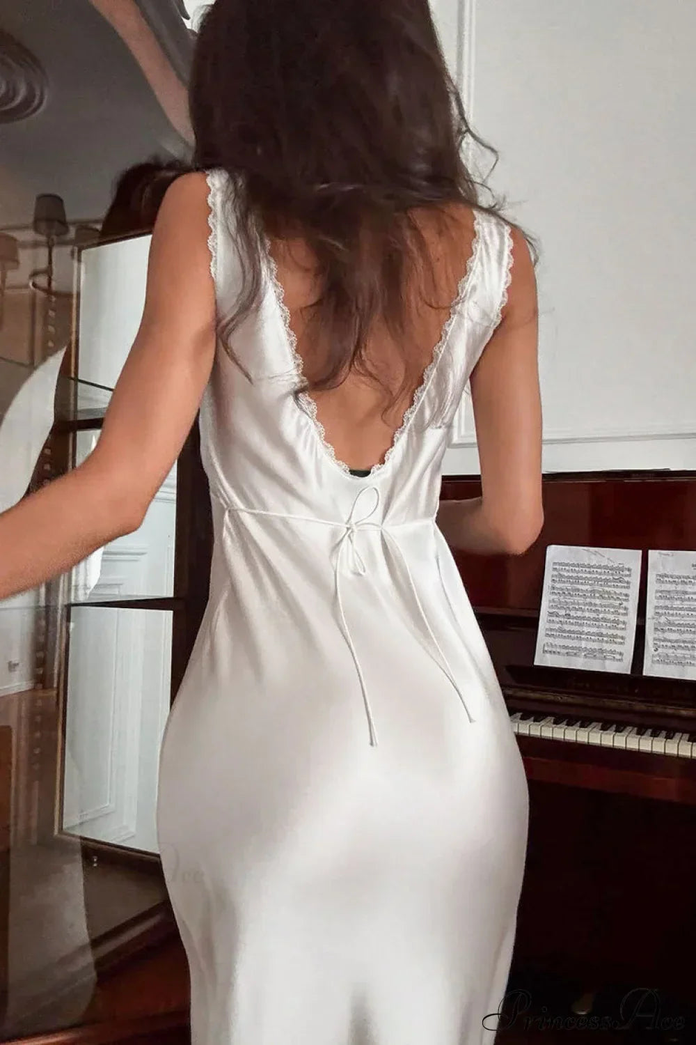 Satin Lace-Trim V-Neck Slip Dress