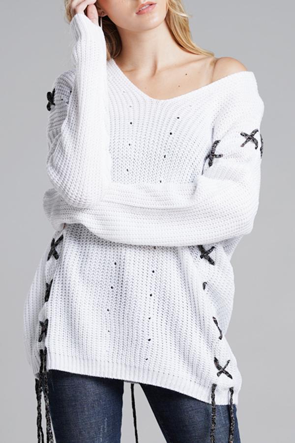RadyRin Lace-Up Open Knit Sweater for Stylish Comfort