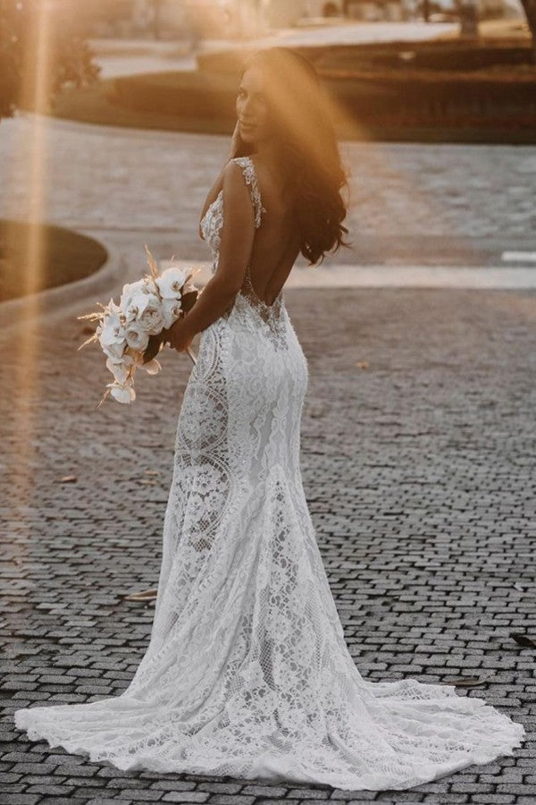 Lace Wedding Dress Mermaid Backless - Fashionpara