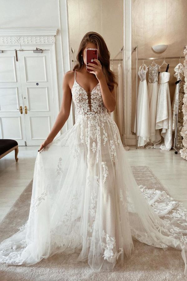 Lace Wedding Dress Overskirt Tulle Bridal Gowns Spaghetti-Straps - Fashionpara