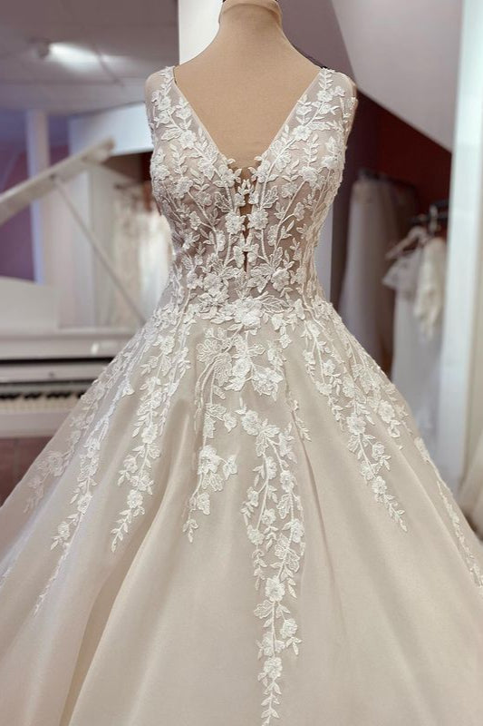 Lace Wedding Dress Princess V-Neck Sleeveless With Appliques - Fashionpara