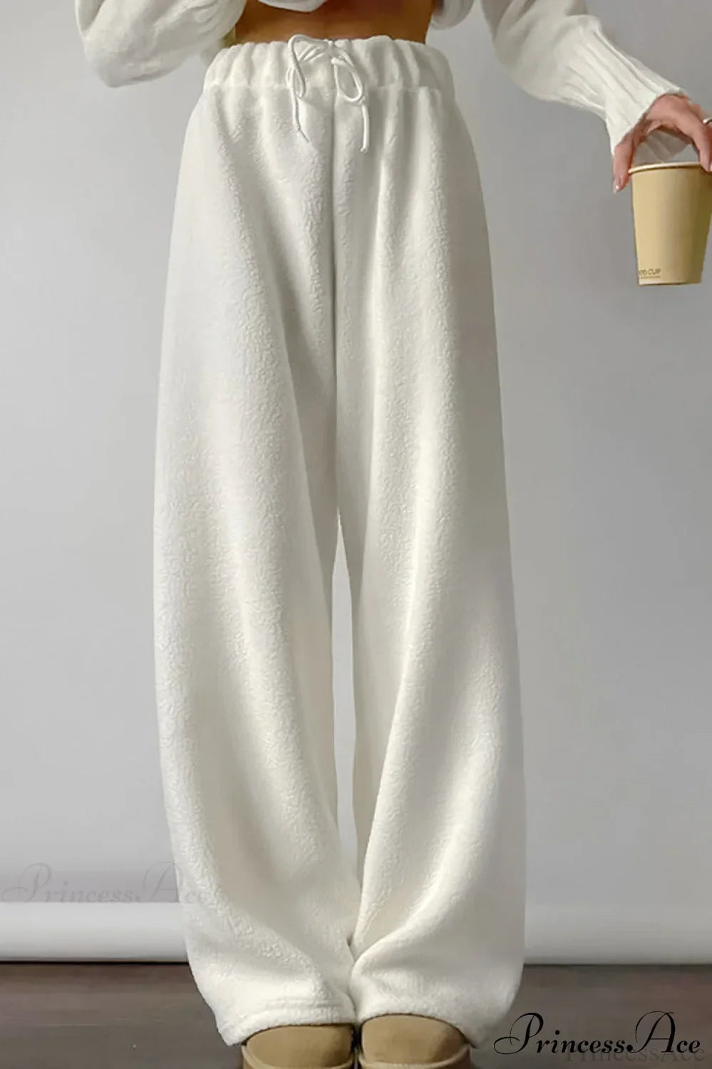 Lamb Fleece Casual Tie Waist Sports Pants White / S