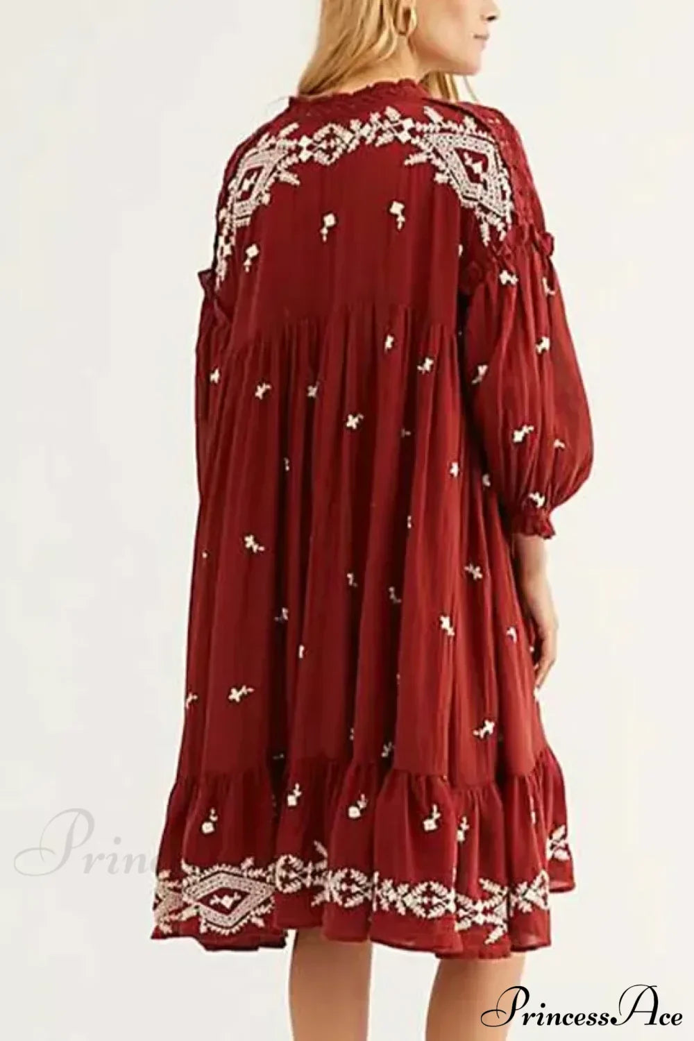 Lantern Long Sleeve Cotton Rayon Embroidery Dress