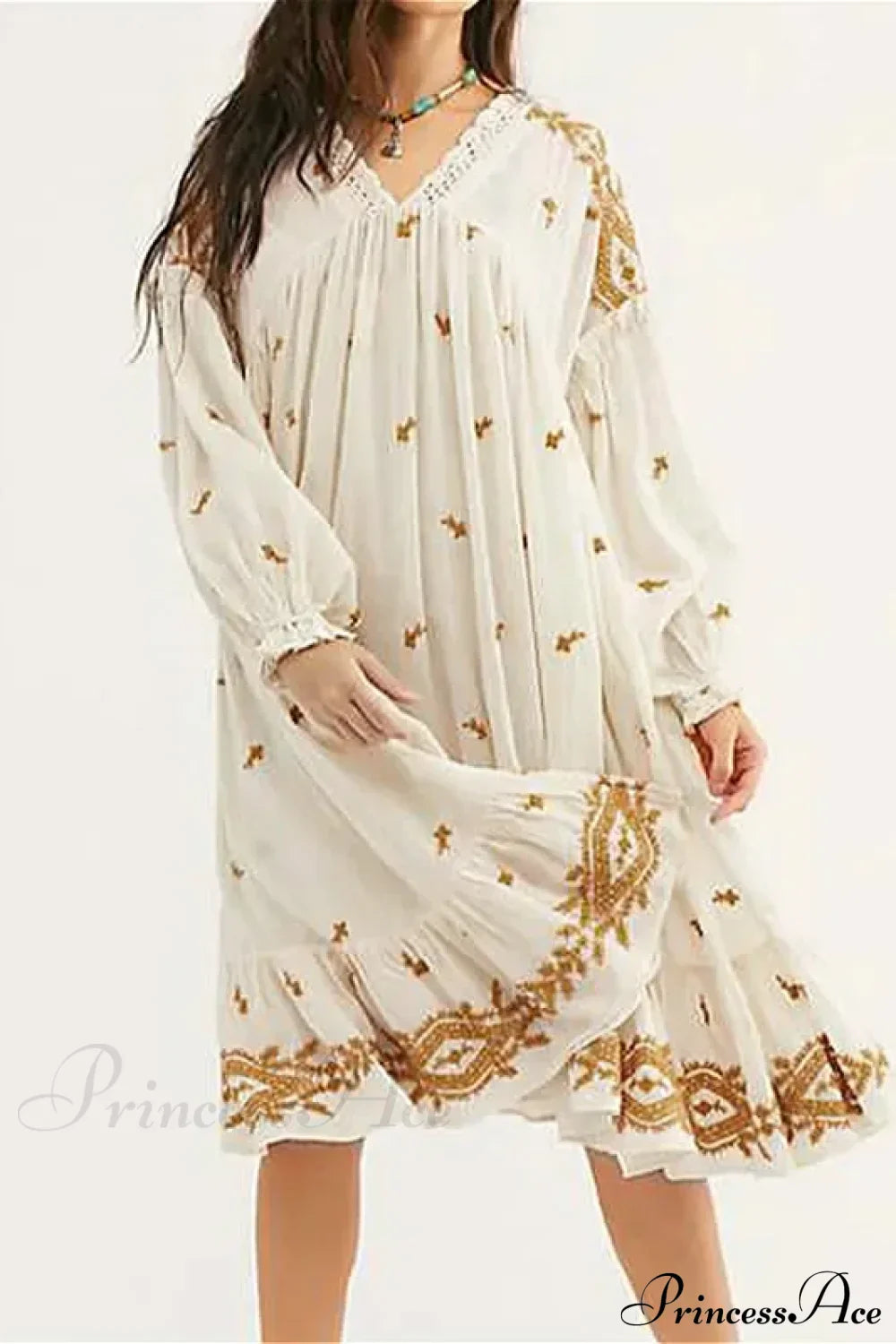Lantern Long Sleeve Cotton Rayon Embroidery Dress