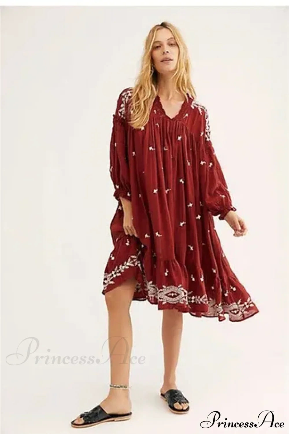 Lantern Long Sleeve Cotton Rayon Embroidery Dress Burgundy / S bohodress-250126