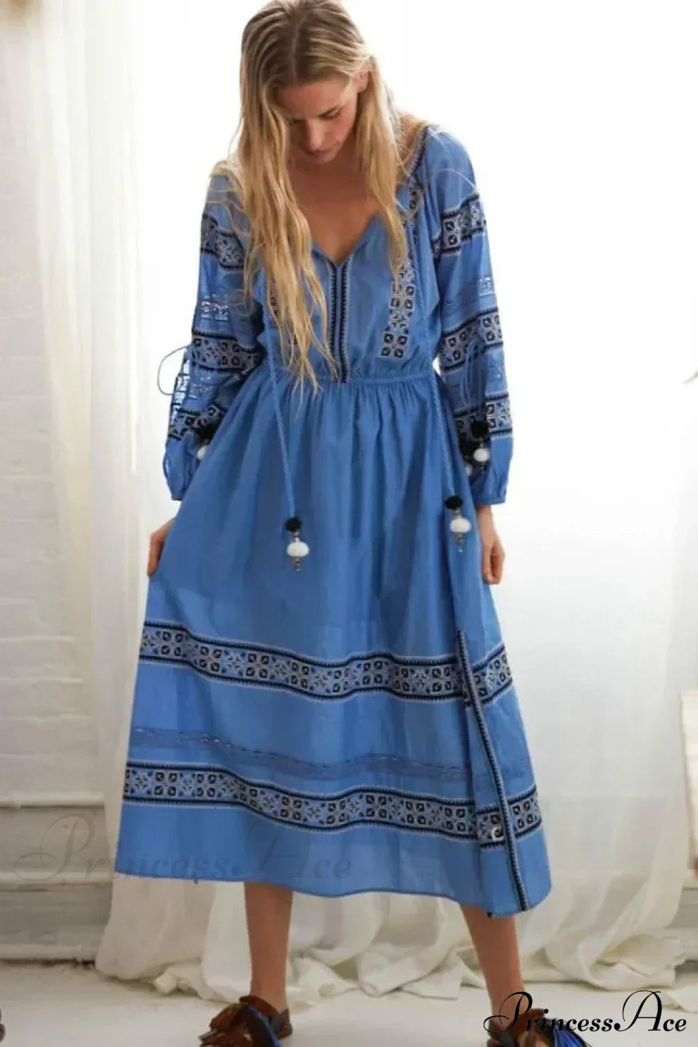 Lantern Long Sleeve Lace Maxi Boho Dress Blue / S bohodress-250126