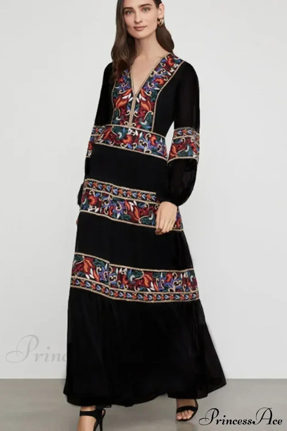 Lantern Long Sleeve V-neck Maxi Dress Black / S bohodress-250126