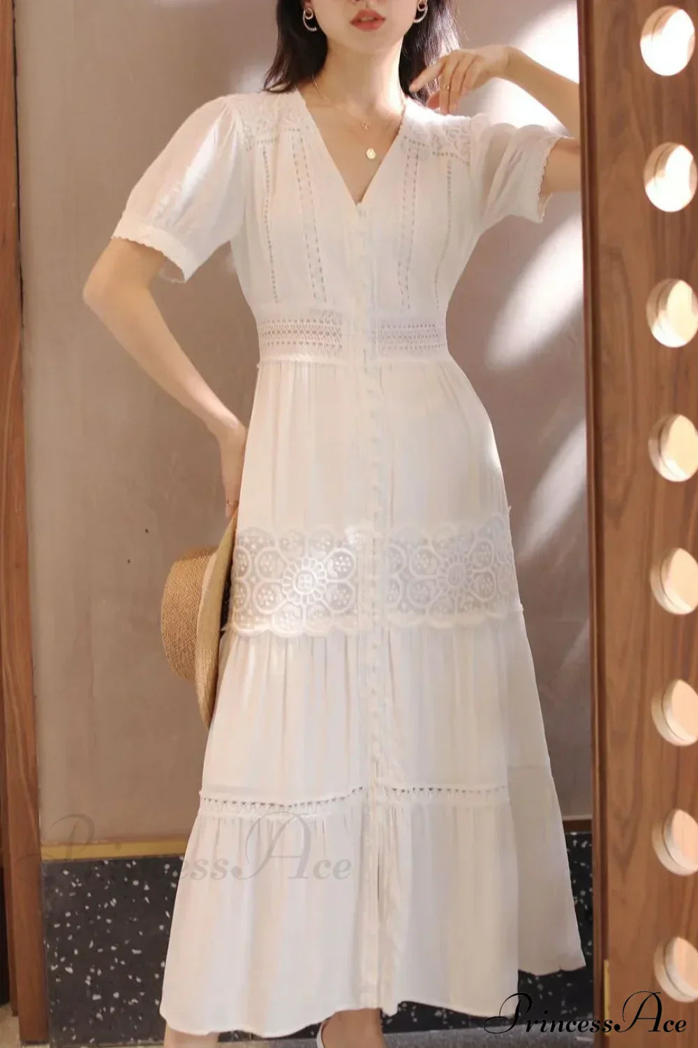 Lantern Sleeve Cotton Rayon Lace Splice Long Dress Vintage White V-neck Beige / S bohodress-250126