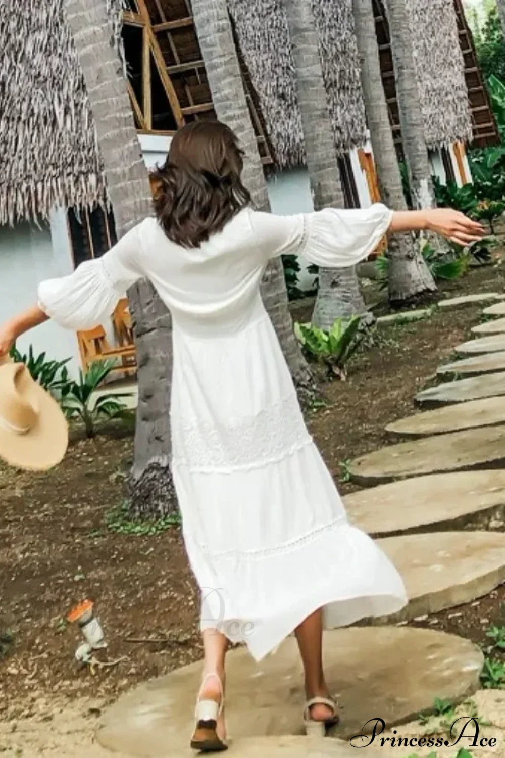 Lantern Sleeve Cotton Rayon Lace Splice Long Dress Vintage White V-neck