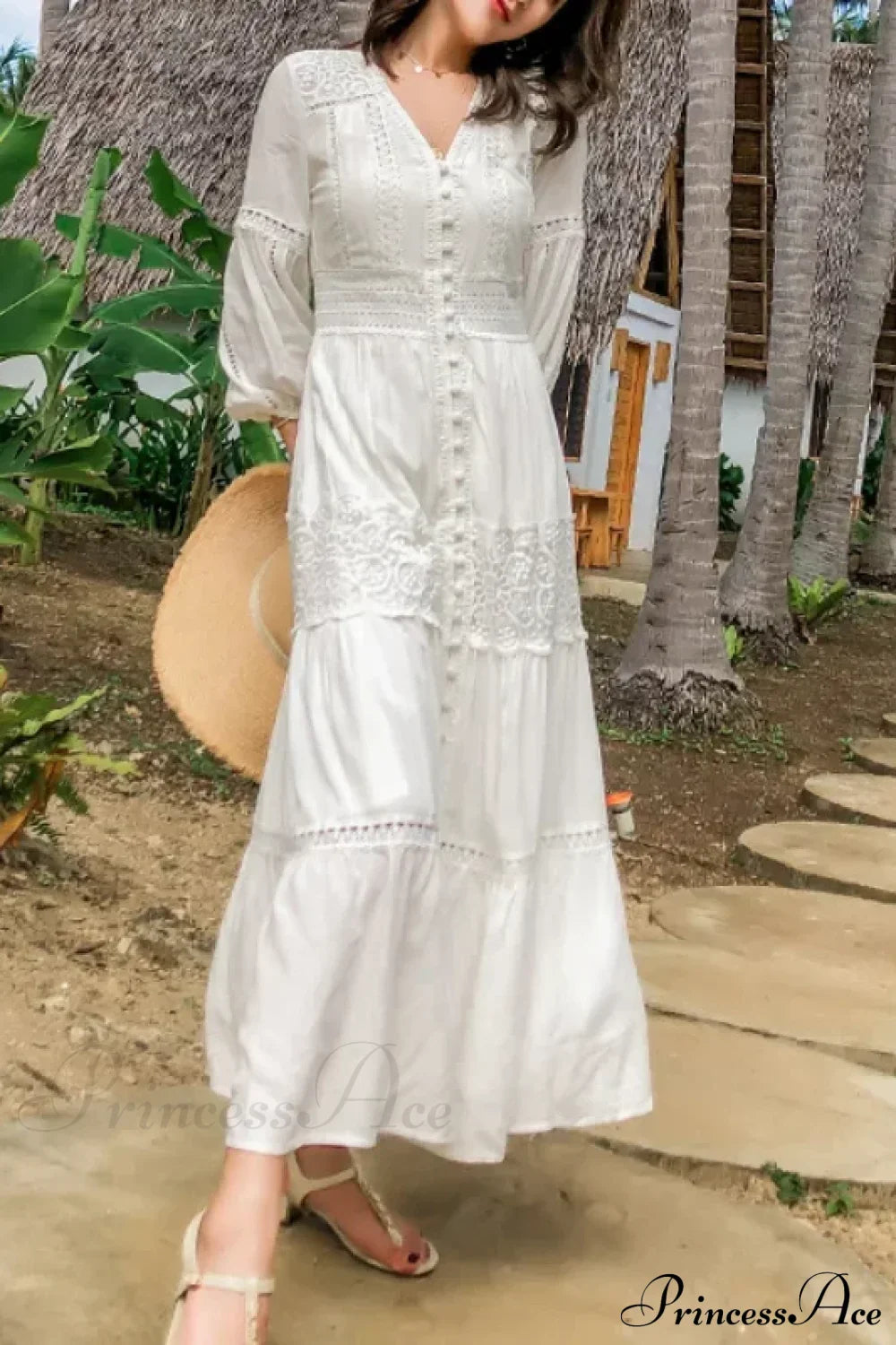 Lantern Sleeve Cotton Rayon Lace Splice Long Dress Vintage White V-neck