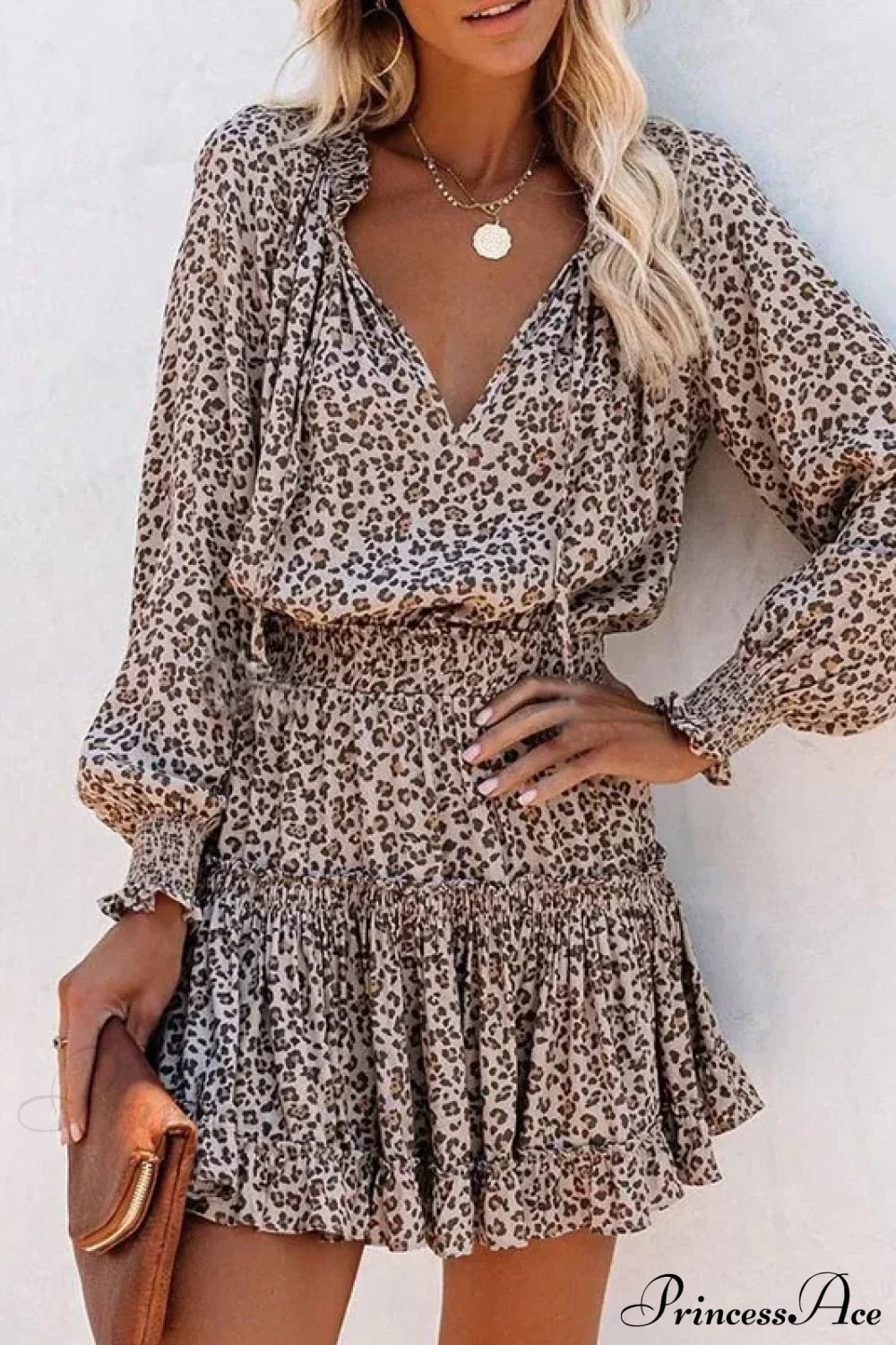Lantern Sleeve Leopard Boho Dress Leopard / S bohodress-250126