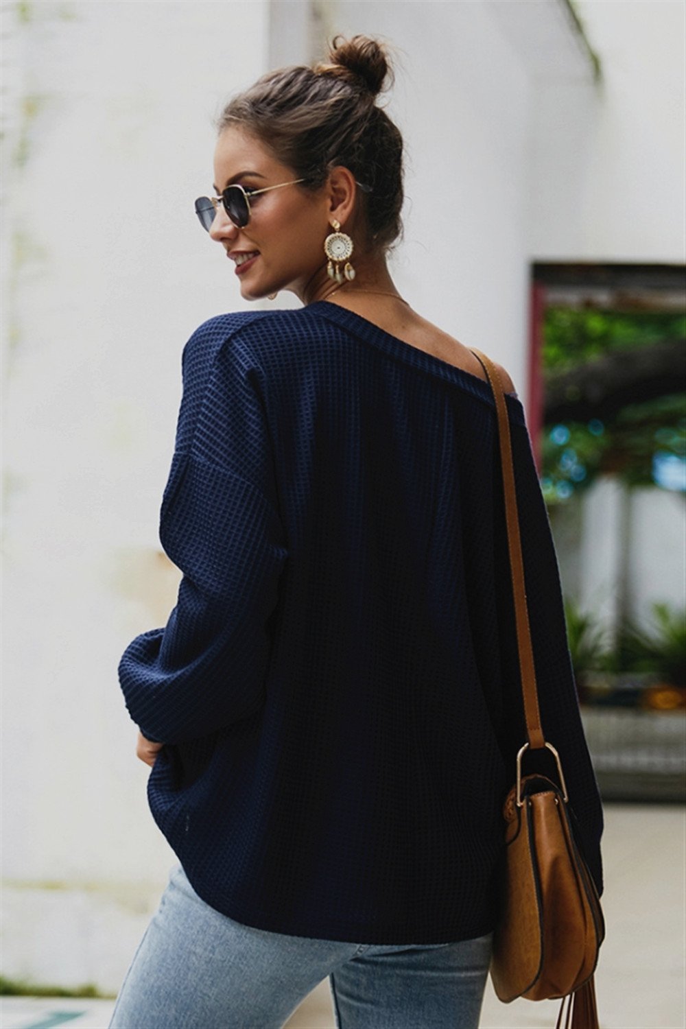 RadyRin Lantern Sleeve V Neck Sweater for Effortless Style