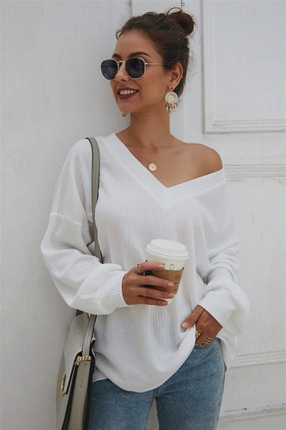 RadyRin Lantern Sleeve V Neck Sweater for Effortless Style