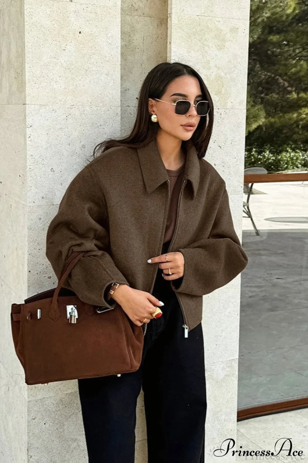 Lapel Long-Sleeve Zip Loose Woolen Jacket 5