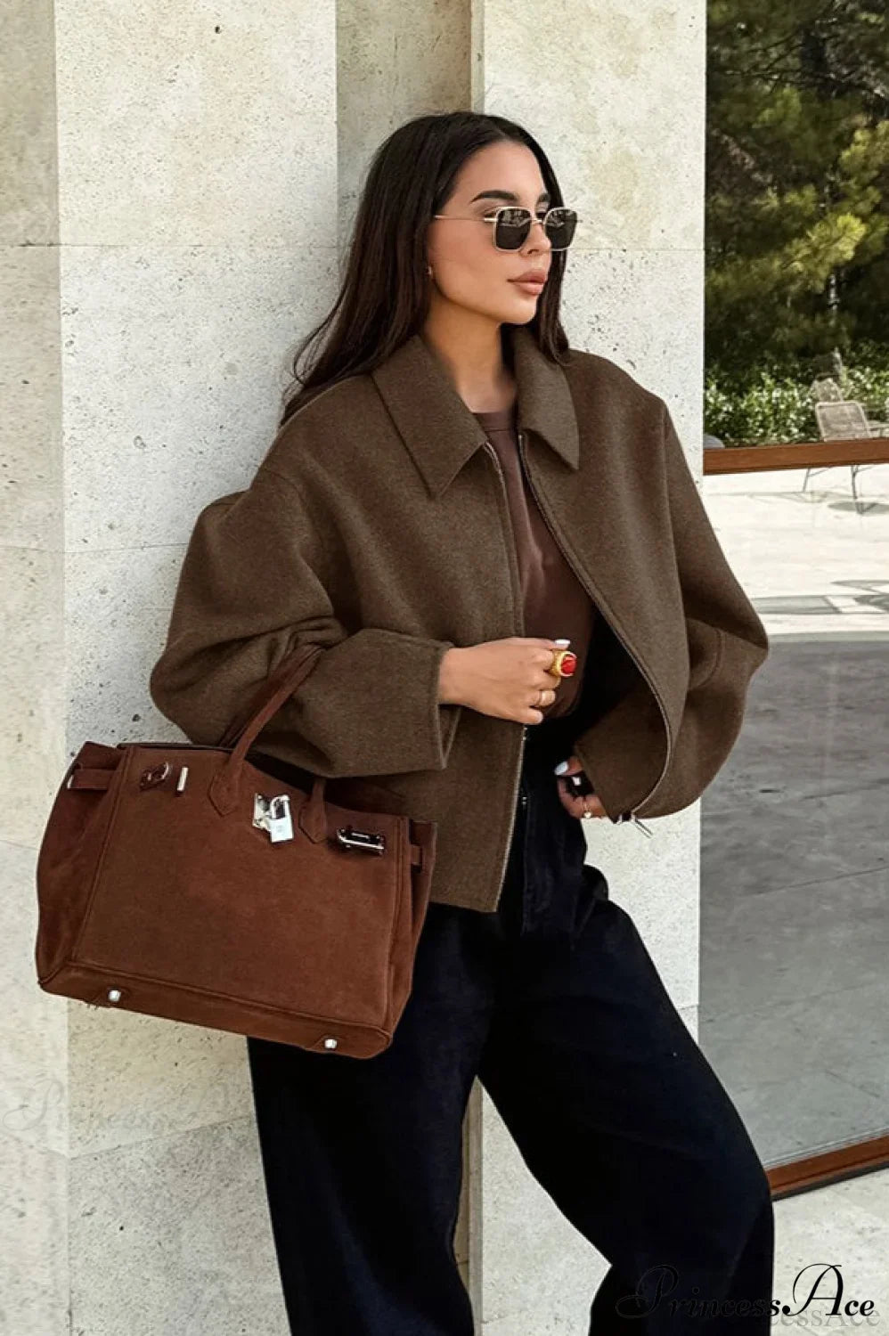 Lapel Long-Sleeve Zip Loose Woolen Jacket