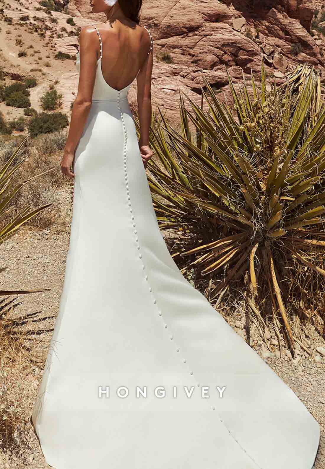 Cowl Neck Pleated HIgh Slit Court Train Spaghetti Straps Wedding Dresses