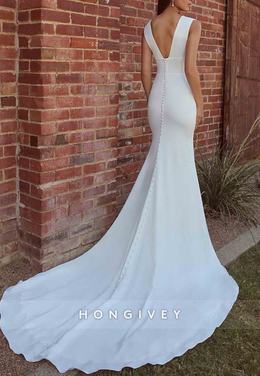 V Back Square Cap Straps Pleated Mermaid Wedding Dresses