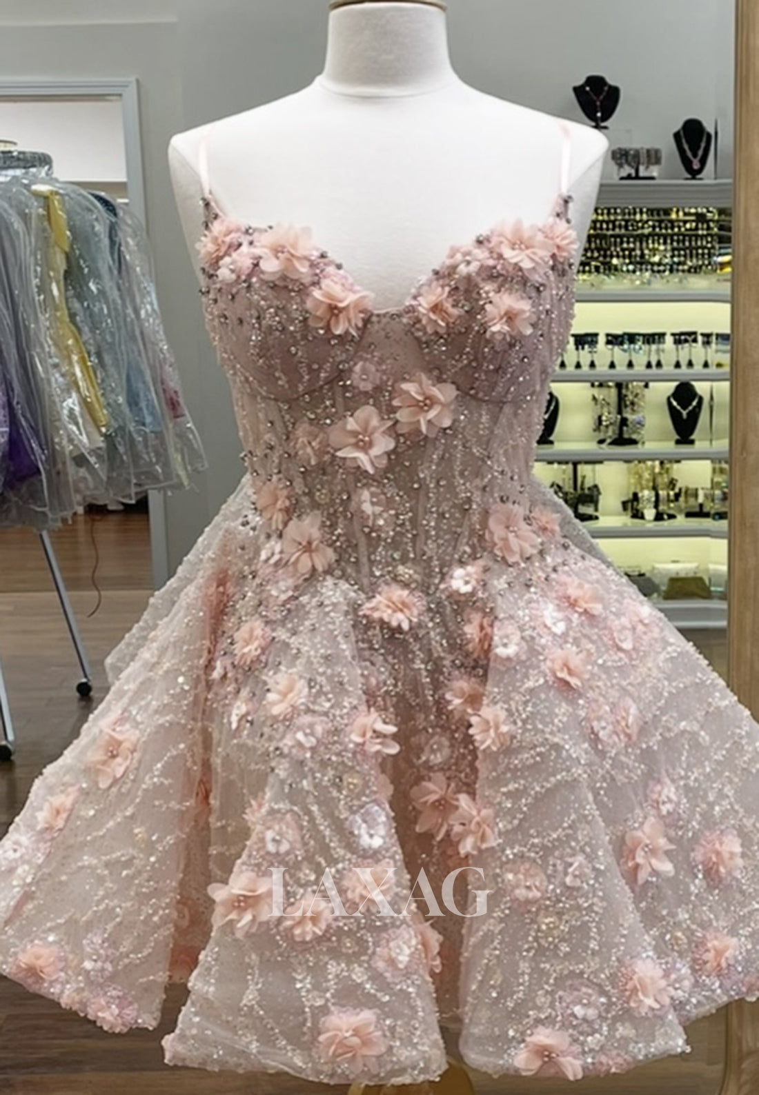 Sweetheart Spaghetti Straps Floral Embellished Beaded A-Line Party Homecoming Dress