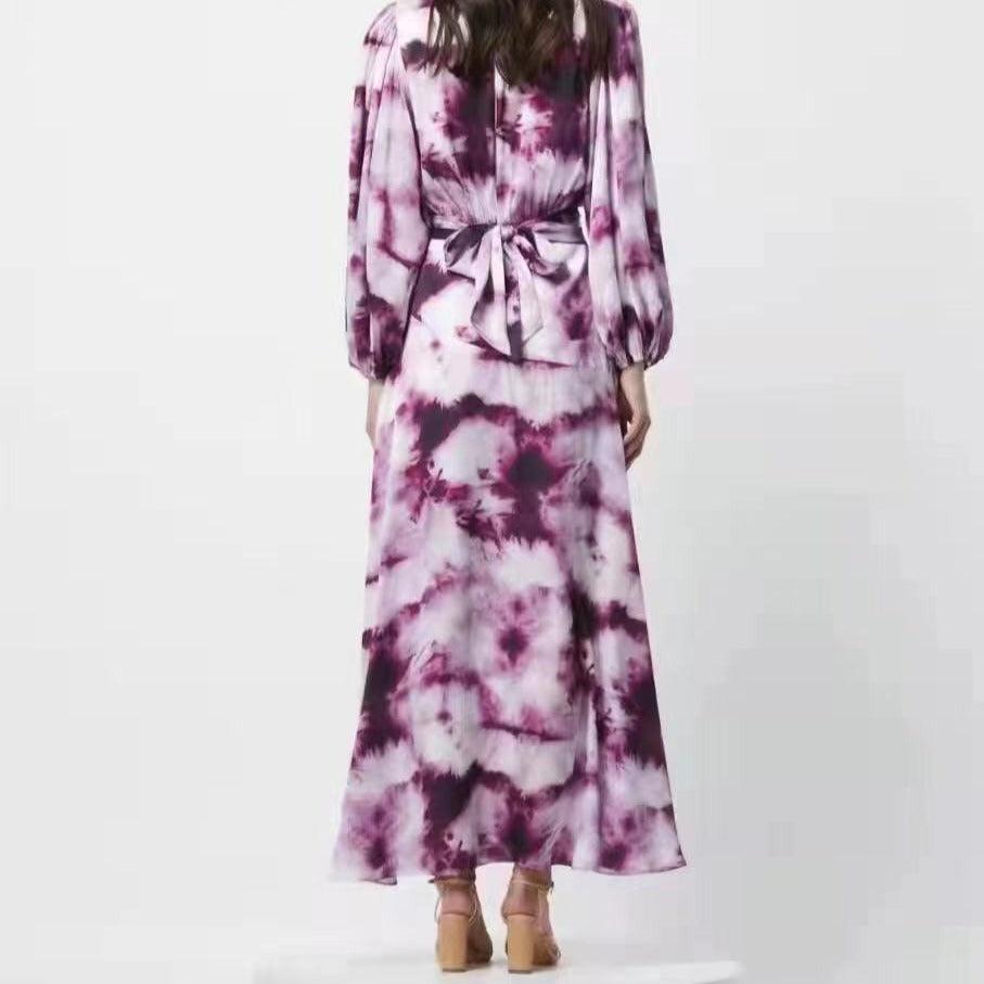 Tie-Dye Print V-Neck Puff Sleeve Belted Maxi Dress