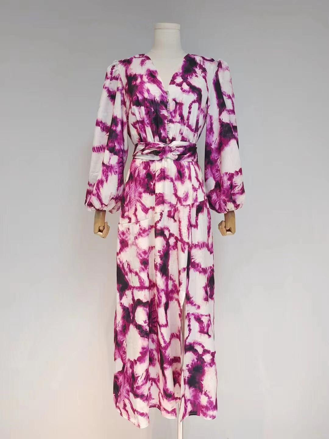 Tie-Dye Print V-Neck Puff Sleeve Belted Maxi Dress