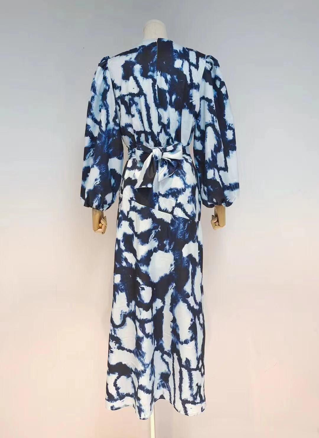 Tie-Dye Print V-Neck Puff Sleeve Belted Maxi Dress