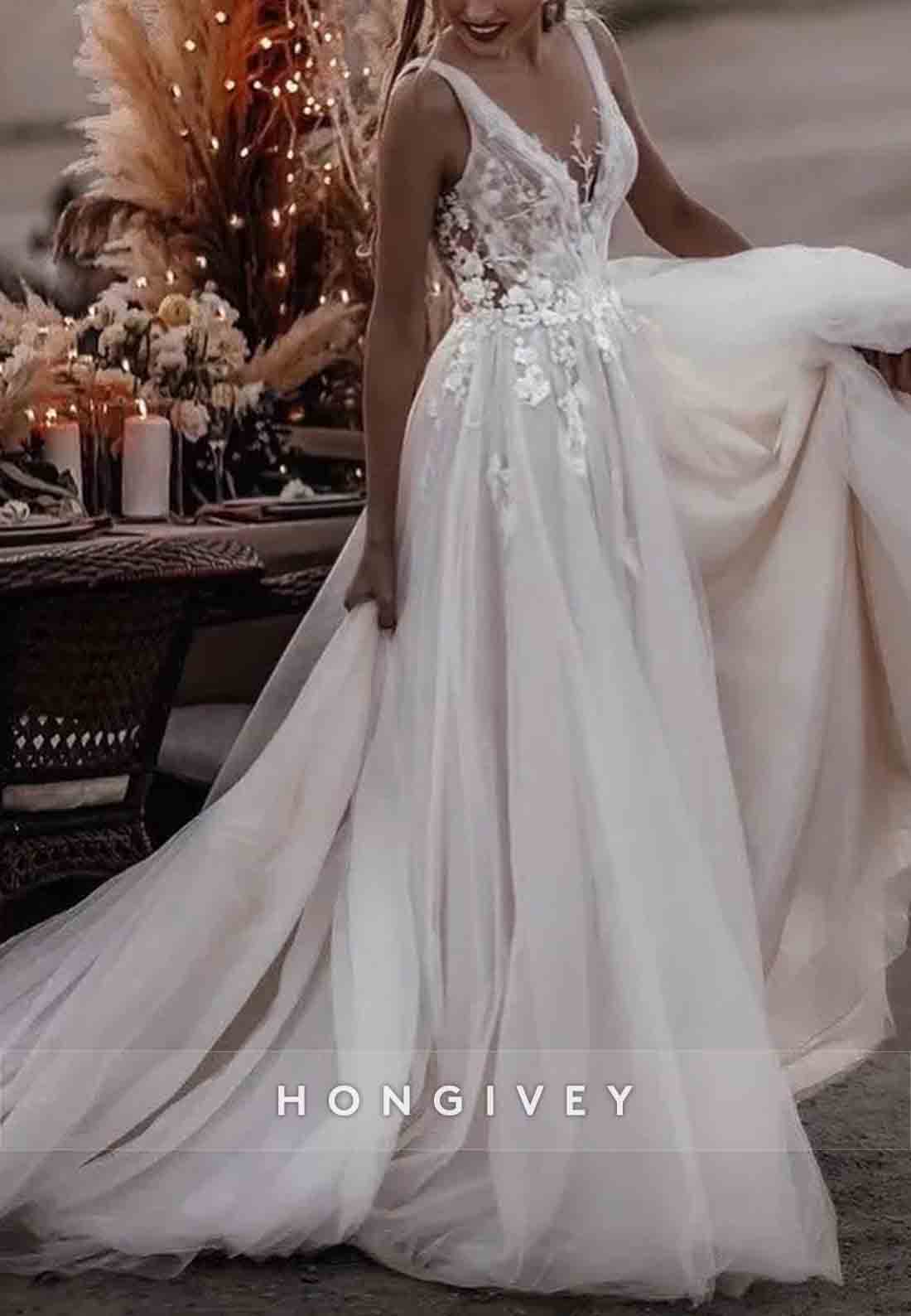 Sleeveless V Back Cap Straps Lace V Neck Empire Boho Wedding Dresses