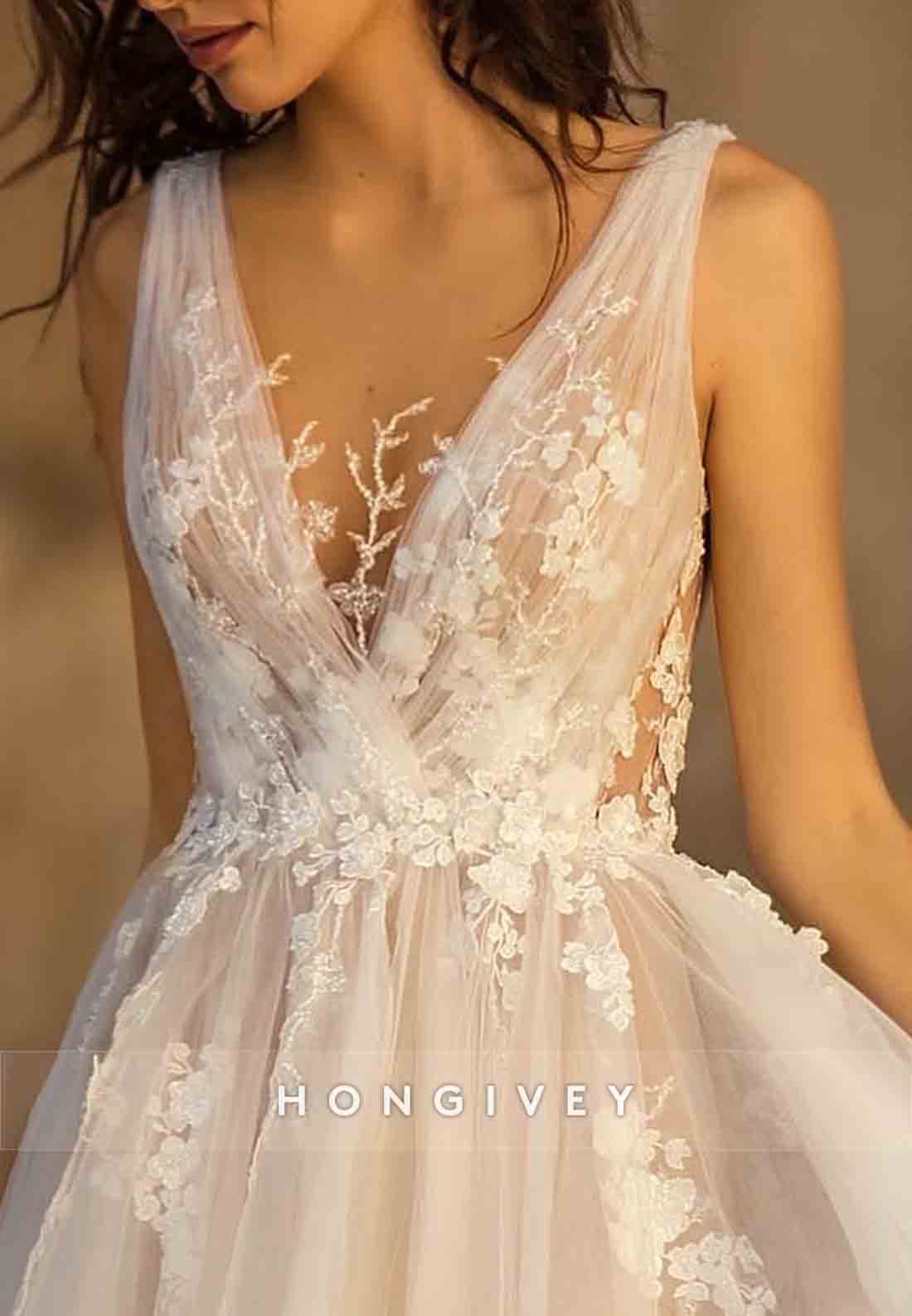 Sleeveless V Back Cap Straps Lace V Neck Empire Boho Wedding Dresses