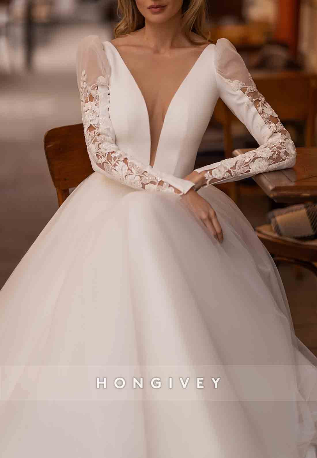Cut out Back A-line Court Train V Neck Long Sleeve Wedding Dresses
