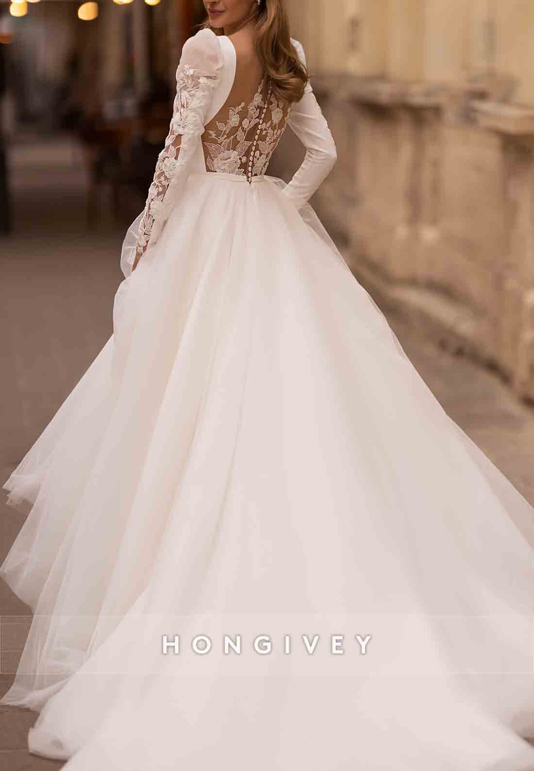 Cut out Back A-line Court Train V Neck Long Sleeve Wedding Dresses