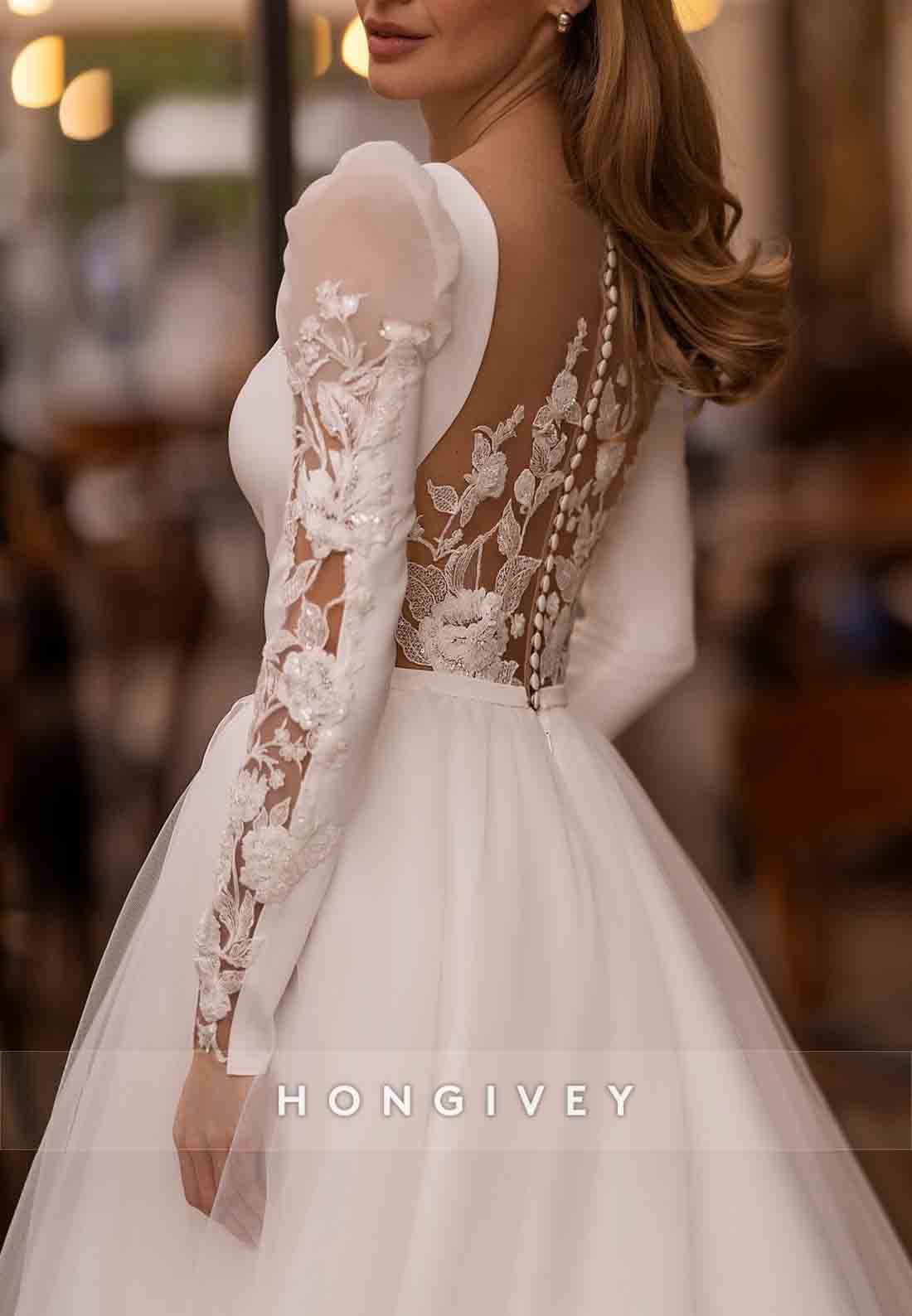 Cut out Back A-line Court Train V Neck Long Sleeve Wedding Dresses